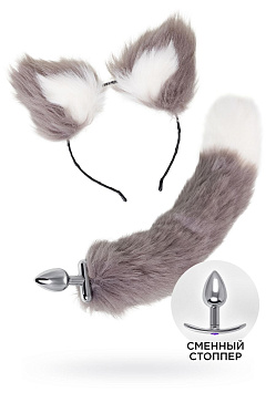 Анальная втулка серебристая с хвостом и ушки